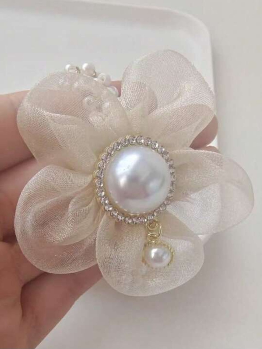 Pearl & Organza Flower hair accessories for ponytails- Cream Pearl Detail - Picture 2 of 4